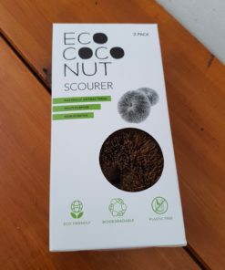 The coconut scouring pads in its box from the plastic free cleaning range at Just Gaia Halifax, UK