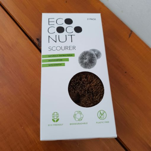 The coconut scouring pads in its box from the plastic free cleaning range at Just Gaia Halifax, UK