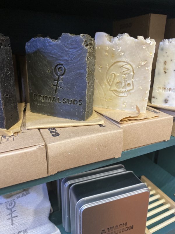 Just Gaia Primal Suds all natural soaps on display