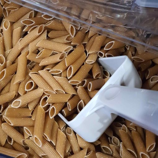 Organic penne pasta (wholewheat) at the Just Gaia zero waste grocery in Halifax, West Yorkshire