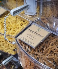 Organic penne pasta displayed at the Just Gaia zero waste grocery in Halifax, West Yorkshire