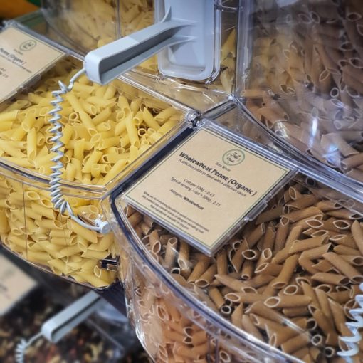 Organic penne pasta displayed at the Just Gaia zero waste grocery in Halifax, West Yorkshire