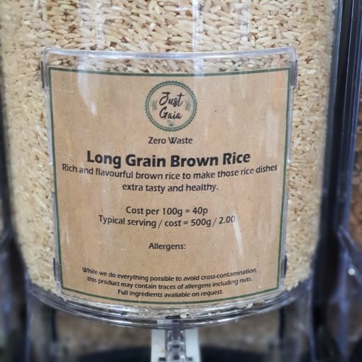 Long Grain Rice (brown) in the Just Gaia zero waste grocery in Halifax, West Yorkshire