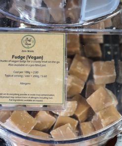Vegan fudge in the plastic free snacks and treats section Just Gaia zero waste grocery in Halifax, West Yorkshire