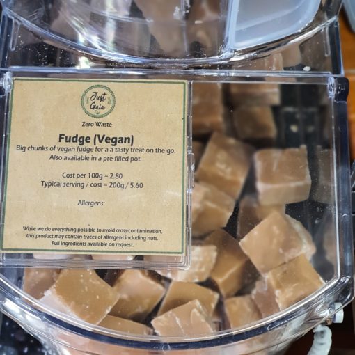 Vegan fudge in the plastic free snacks and treats section Just Gaia zero waste grocery in Halifax, West Yorkshire