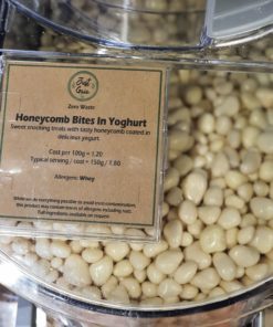 Yoghurt honeycomb bites pieces in the plastic free snacks and treats section Just Gaia zero waste grocery in Halifax, West Yorkshire