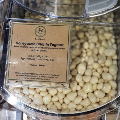Yoghurt honeycomb bites pieces in the plastic free snacks and treats section Just Gaia zero waste grocery in Halifax, West Yorkshire