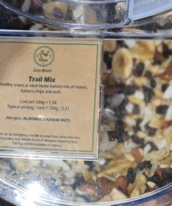 Trail mix display in the plastic free snacks and treats section Just Gaia zero waste grocery in Halifax, West Yorkshire