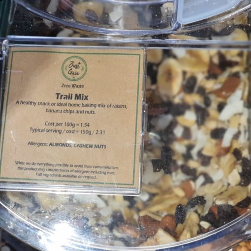 Trail mix display in the plastic free snacks and treats section Just Gaia zero waste grocery in Halifax, West Yorkshire
