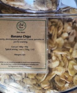 Banana chips dispenser in the plastic free snacks and treats section Just Gaia zero waste grocery in Halifax, West Yorkshire