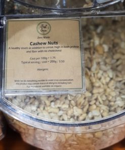 Cashew nuts dispenser in the plastic free snacks and treats section Just Gaia zero waste grocery in Halifax, West Yorkshire