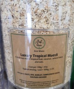 Tropical muesli dispenser in the plastic free snacks and treats section Just Gaia zero waste grocery in Halifax, West Yorkshire
