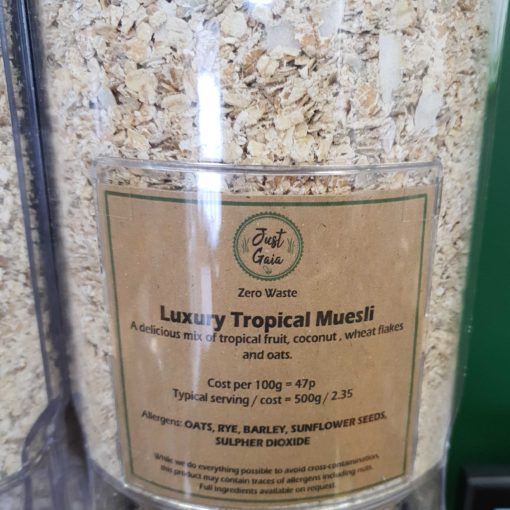 Tropical muesli dispenser in the plastic free snacks and treats section Just Gaia zero waste grocery in Halifax, West Yorkshire