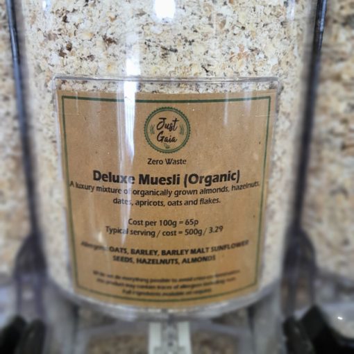 Organic deluxe muesli dispenser in the plastic free snacks and treats section Just Gaia zero waste grocery in Halifax, West Yorkshire