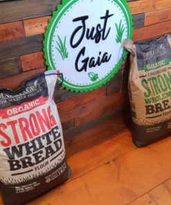 Organic strong bread flour on display at Just Gaia, showcasing both White and Wholemeal flour