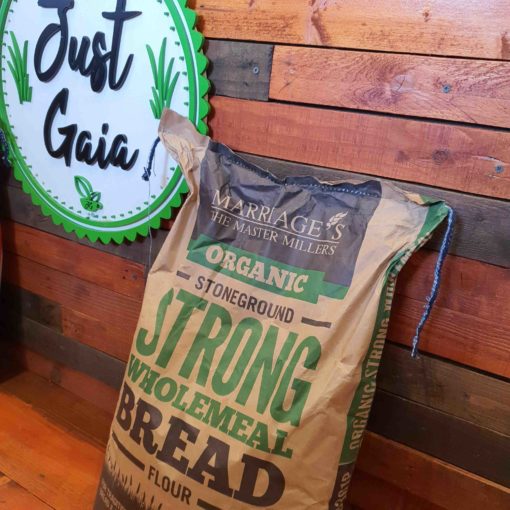 Organic strong bread flour on display at Just Gaia, showcasing wholemeal flour