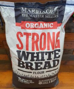 Organic strong bread flour on display at Just Gaia, white flour bag