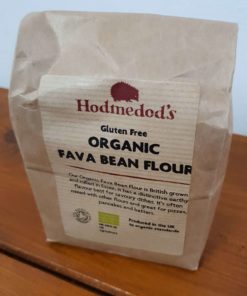 Gluten free fava bean flour (bread flour) on display at Just Gaia, close up 500g bag