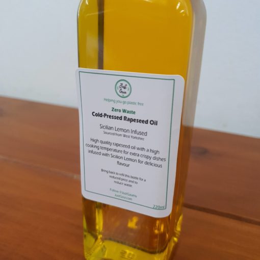 Our Just Gaia cold pressed oils. Zero waste rapeseed oil infused with sicilian lemon close up.