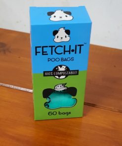 Fetch-It compostable poo bags box, front facing, at Just Gaia Halifax, UK