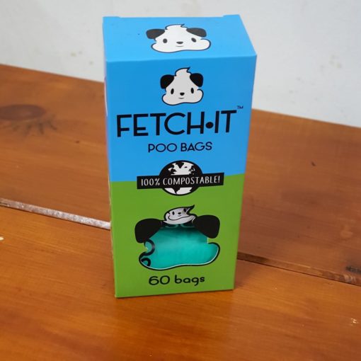 Fetch-It compostable poo bags box, front facing, at Just Gaia Halifax, UK