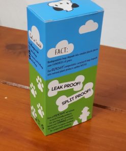 Fetch-It compostable poo bags box, rear facing, at Just Gaia Halifax, UK