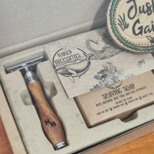 Plastic free safety razor shaving kit: razor in the box at Just Gaia, Halifax UK
