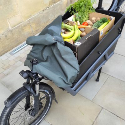 Cargodale electric bike with Just Gaia organic fruit and veg box at The Piece Hall, Halifax