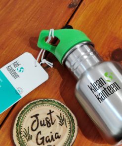 Children's stainless steel water bottle from Klean Kanteen in brushed stainless laid down