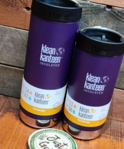 Klean Kanteen 12oz and 16oz large insulated coffee cups on display at Just Gaia