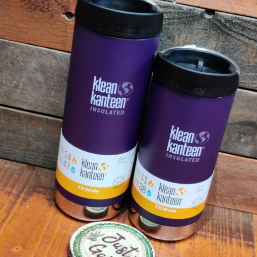 Klean Kanteen 12oz and 16oz large insulated coffee cups on display at Just Gaia