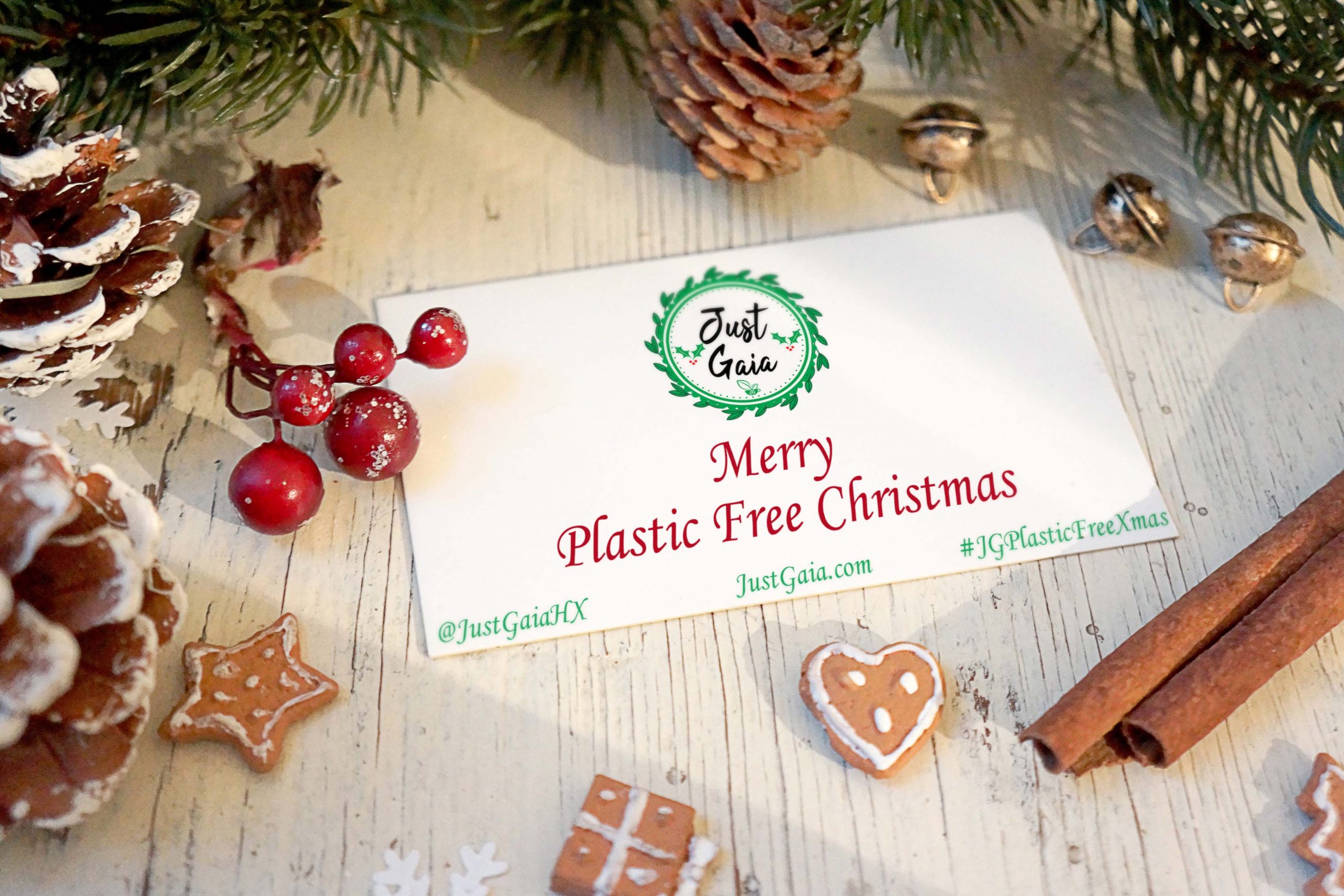 Just Gaia Plastic Free Christmas Card Wide with biscuits and cinnamon