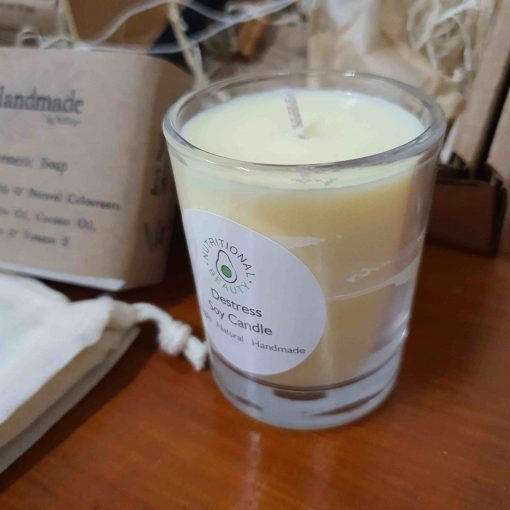 Close up of soy candle in Luxury Bathroom Pamper Gift Set at Just Gaia, UK