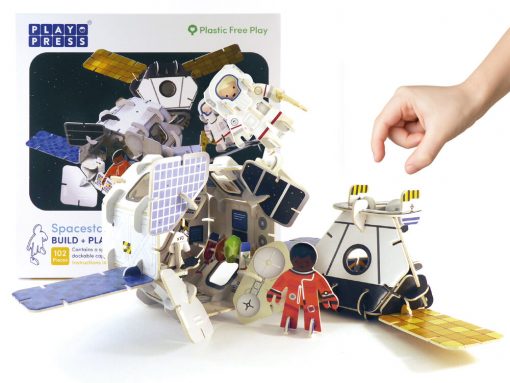 Plastic Free Space Station Playset in the Just Gaia Children's toys range at Just Gaia. Assembled example view of the box.