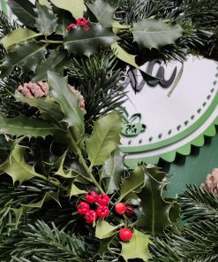 Organic handmade Christmas Wreath as part of our Christmas decorations at Just Gaia Halifax. Shown here as a close up of the detail.