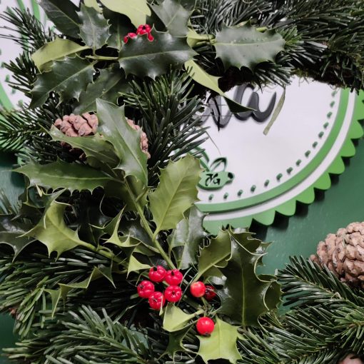 Organic handmade Christmas Wreath as part of our Christmas decorations at Just Gaia Halifax. Shown here as a close up of the detail.