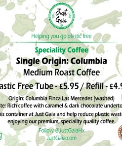 Single Origin Columbian Speciality Coffee tube label with information at Just Gaia