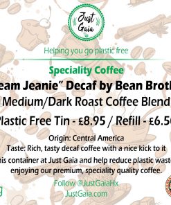 Dream Jeanie Decaf Speciality Coffee Tin label beans and ground at Just Gaia Halifax