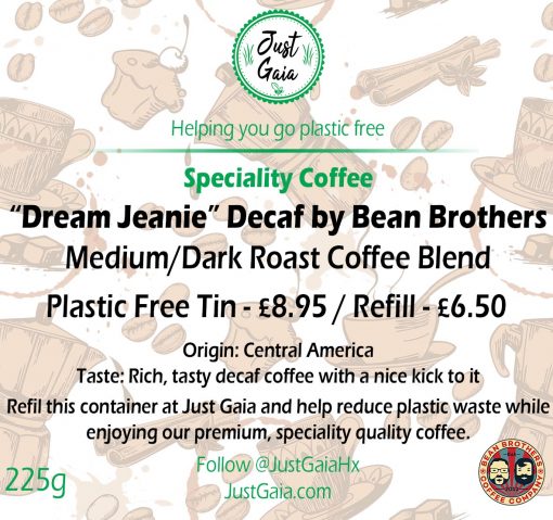 Dream Jeanie Decaf Speciality Coffee Tin label beans and ground at Just Gaia Halifax