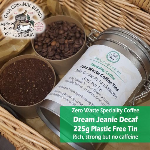 Dream Jeanie Decaf Speciality Coffee Tin beans and ground at Just Gaia Halifax