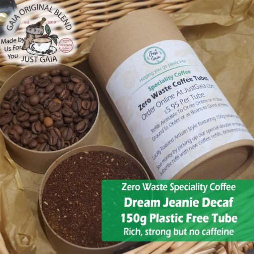Dream Jeanie Decaf Speciality Coffee Tube beans and ground at Just Gaia Halifax