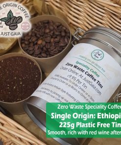 Single Origin Natural Ethiopian Speciality Coffee Tin at Just Gaia beans only tubes or ground to order tubes. Plastic Free packaging and zero waste refills.