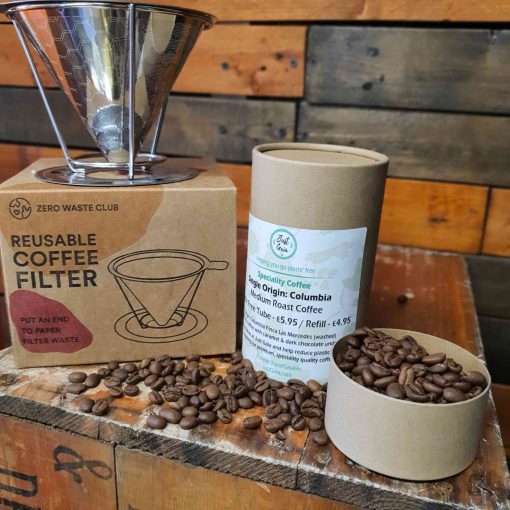 Reusable coffee filter gift set single coffee set on display at Just Gaia for a zero waste father's day