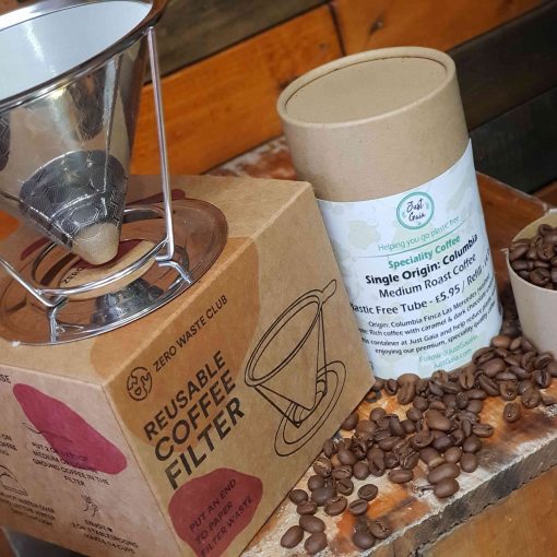 Reusable coffee filter gift set with coffee in zero waste tube at Just Gaia on display.