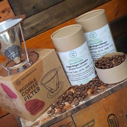 Reusable coffee filter gift set with coffee in zero waste tubes, double pack at Just Gaia on display.