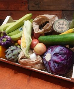 Organic Vegetable box example on display in Just Gaia Halifax including options for Vegetable box, fruit and veg combo box and fruit selection